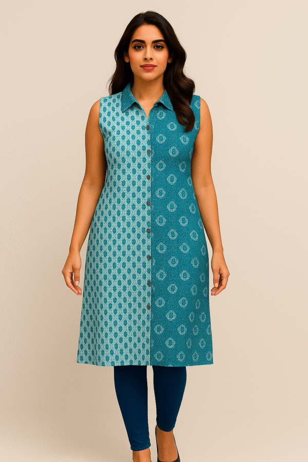 Pure Cotton White and blue kurti With Attachable Sleeves