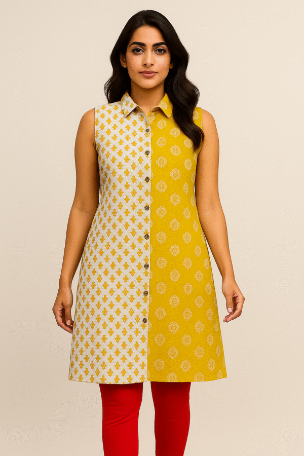 Pure Cotton White and Yellow kurti With Attachable Sleeves