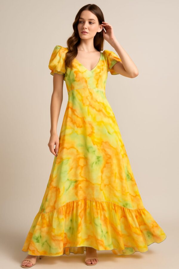 Women's chiffon fashinable full grown flower print colour:- multi colour yellow orange and green